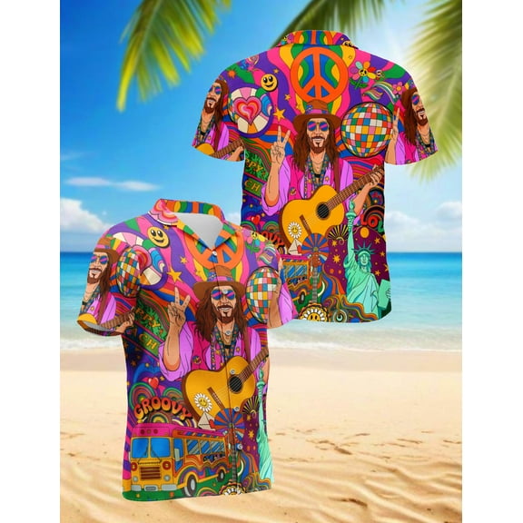 Hippie Groovy Peace Hawaiian Shirt for Men, Button Down Summer Beach Short Sleeve, S-5XL