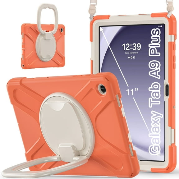 XYX Case for Samsung Galaxy Tab A9  11.0 inch SM-X210/SM-X215/SM-X216, 360 Degree Rotating Hand Grip Shockproof Cover with Shoulder Strap, Coral Orange