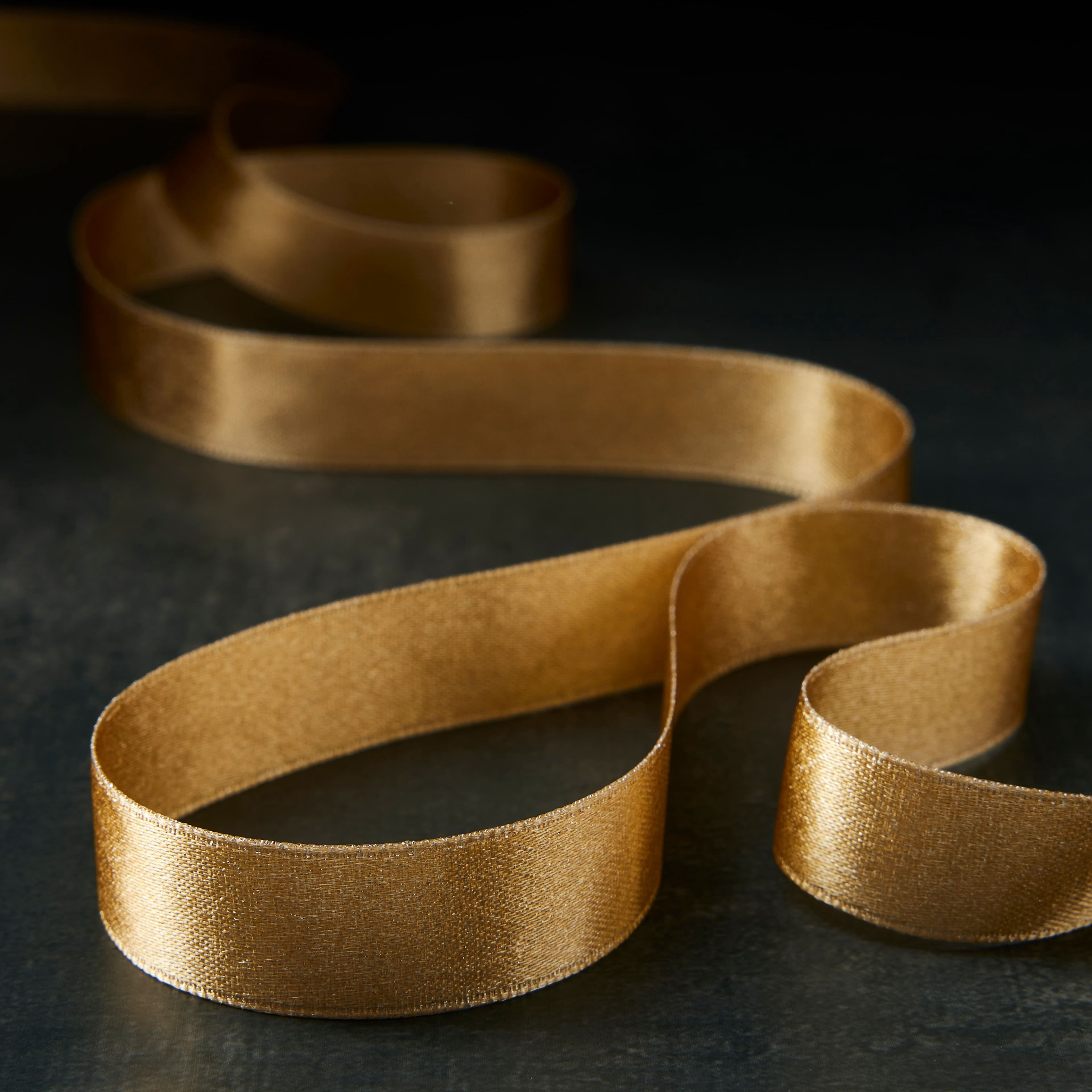 Celebrate It 5/8" x 7yd. Shimmer Satin Ribbon - Gold, Non-Wired with Woven Edge, Nylon & Metallic - Ideal for Gift Wrapping, Crafts & Decor, 12 Pack