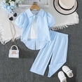 thumbnail image 2 of BLVB Girls Clothes 2 Piece Striped Print Puff Short Sleeve Button down Shirt Tops Wide Leg Pants Spring Summer Outfits 3-9Y, 2 of 7