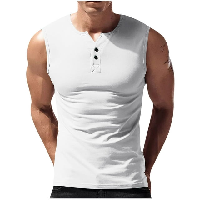 Ohufall Mesh Gym Tank Tops for Men Solid Breathable Henley Tank Tops Plus Size Sleeveless Summer Workout Tanks, Size M-3XL