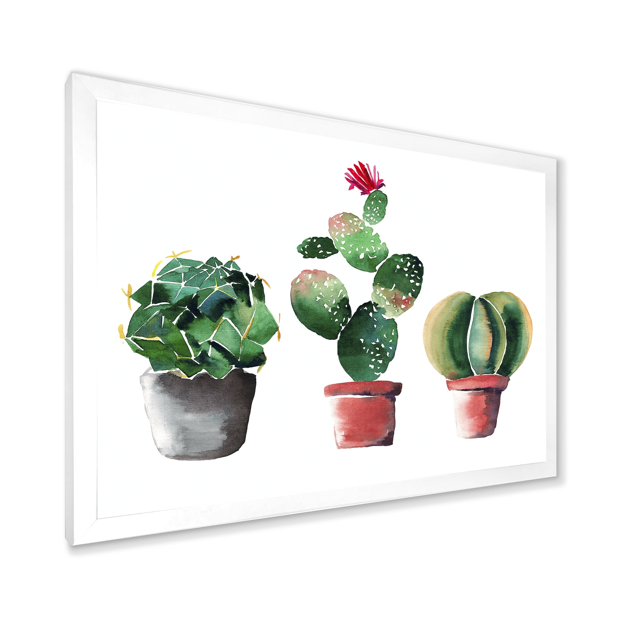 Designart 'Three Cacti In Clay Pots On White' Traditional Framed Art Print