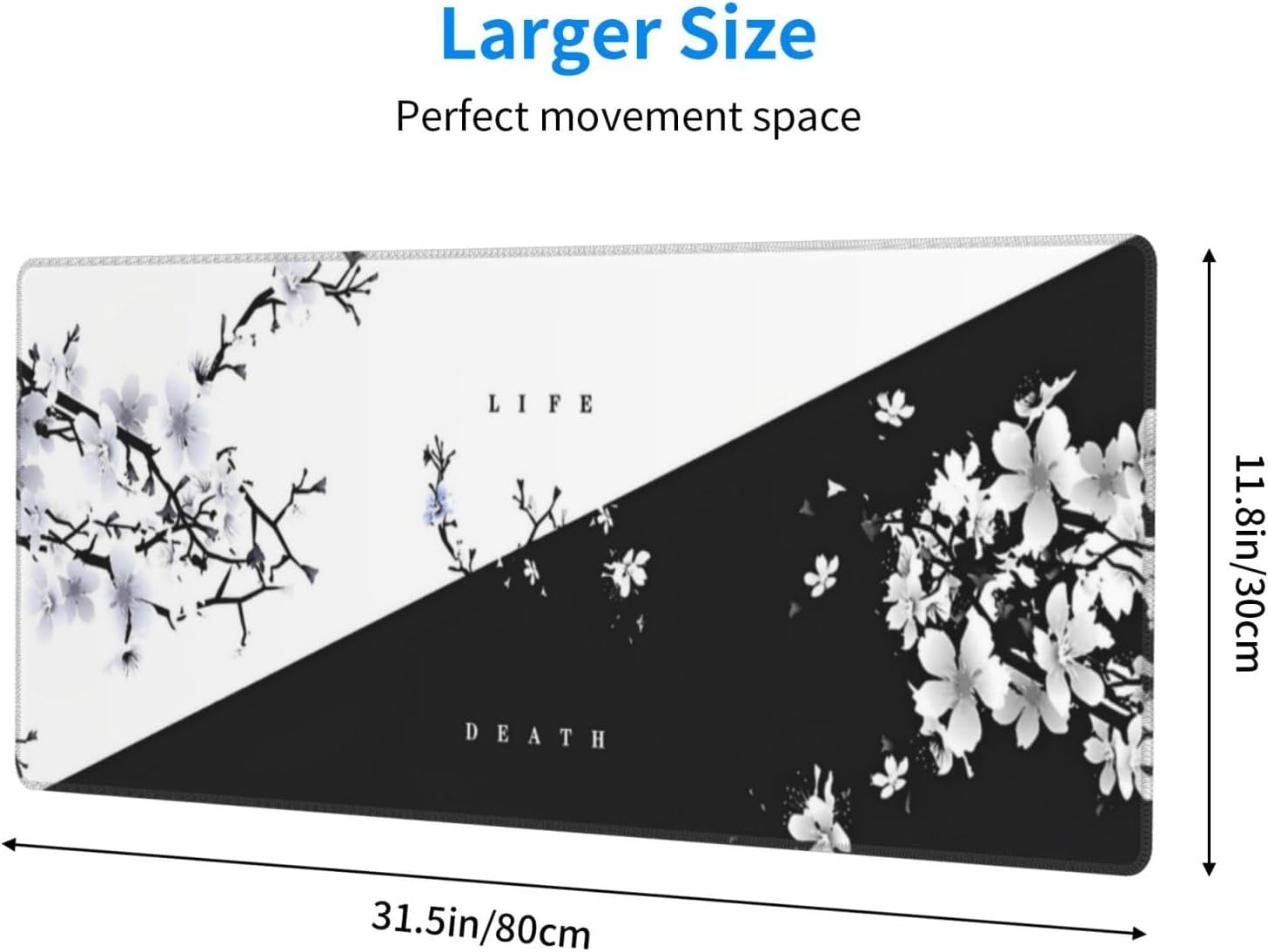 PrimeCook Shop Japanese Life Death Keyboard Mat, Black White Japanese Anime Gaming Mouse Pad for Desk with Anti-Slip Rubber Base and Stitched Edges, Japanese Sakura Pagoda Sun Mouse Pad
