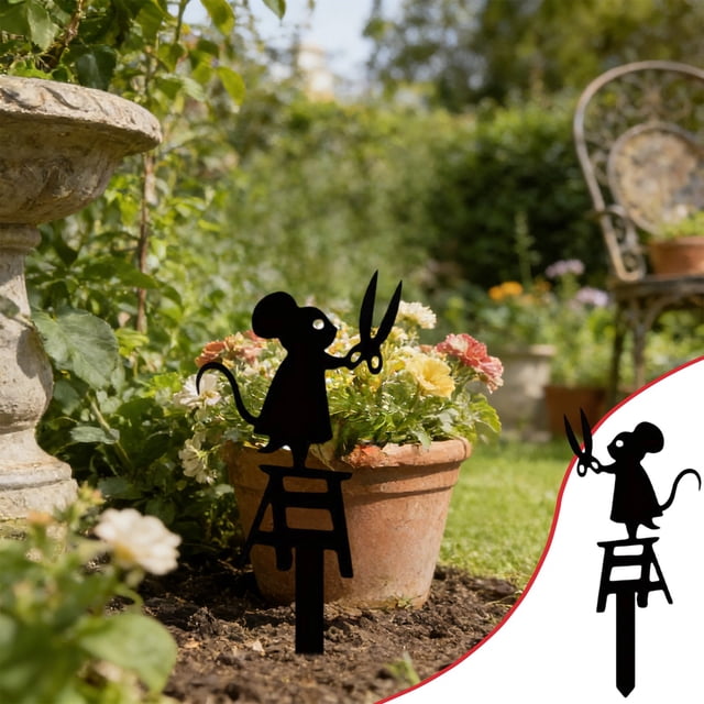 Ratón de jardín con tijeras, estaca metálica para jardín | Adorno de jardín de hierro inoxidable | Letrero decorativo para césped y macizos de flores, ideal para patios, terrazas y jardines.