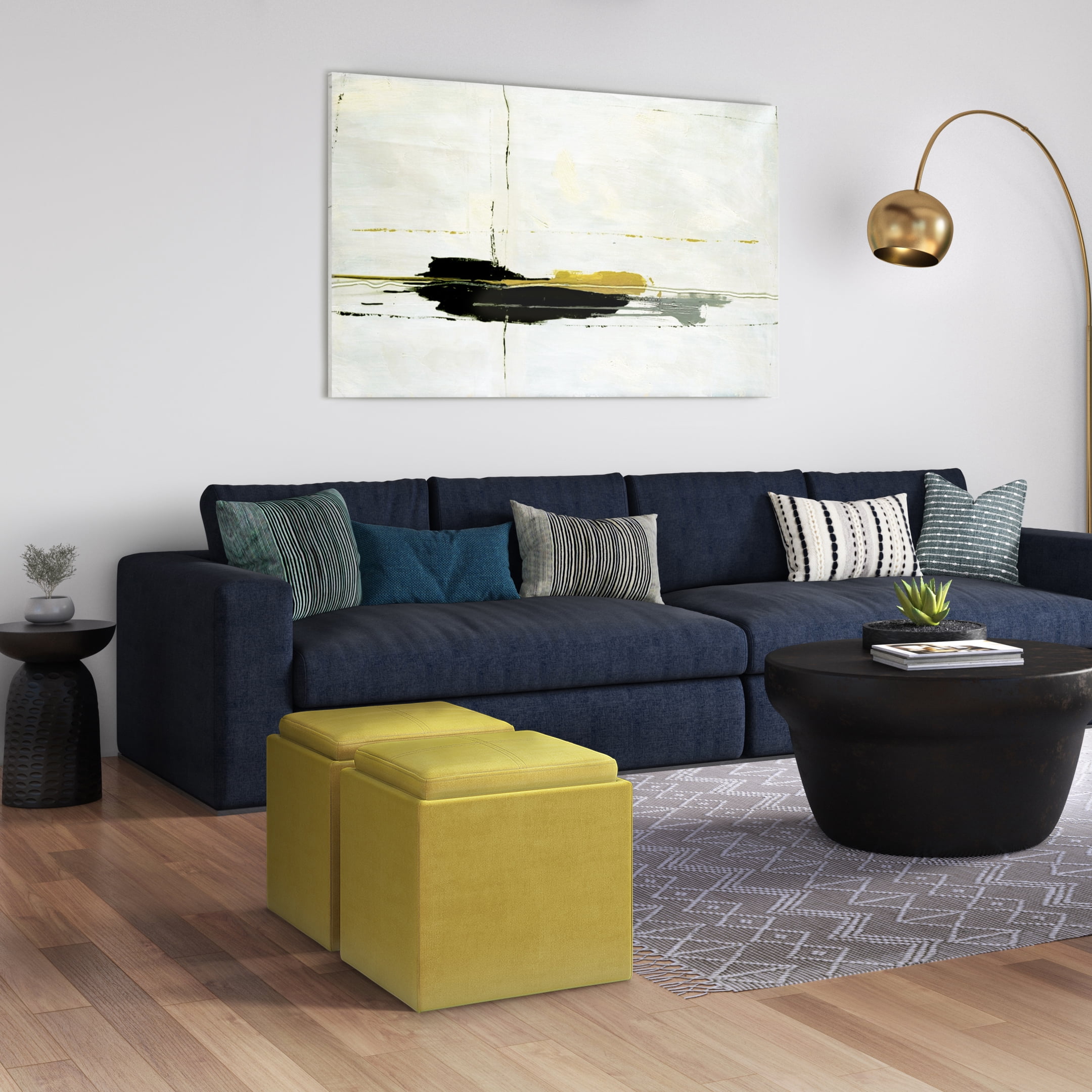 Simpli Home Rockwood 17 inch Wide Contemporary Square Cube Storage Ottoman with Tray in Dijon Yellow Velvet Fabric, Assembled