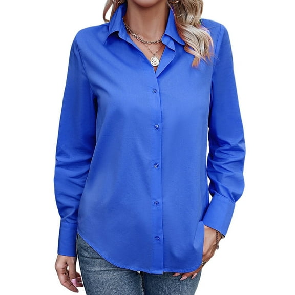 Women'S Button Down Shirts Classic Fit Dress Shirt Work Business Casual Long Sleeve Blouse Tops Dark Blue S