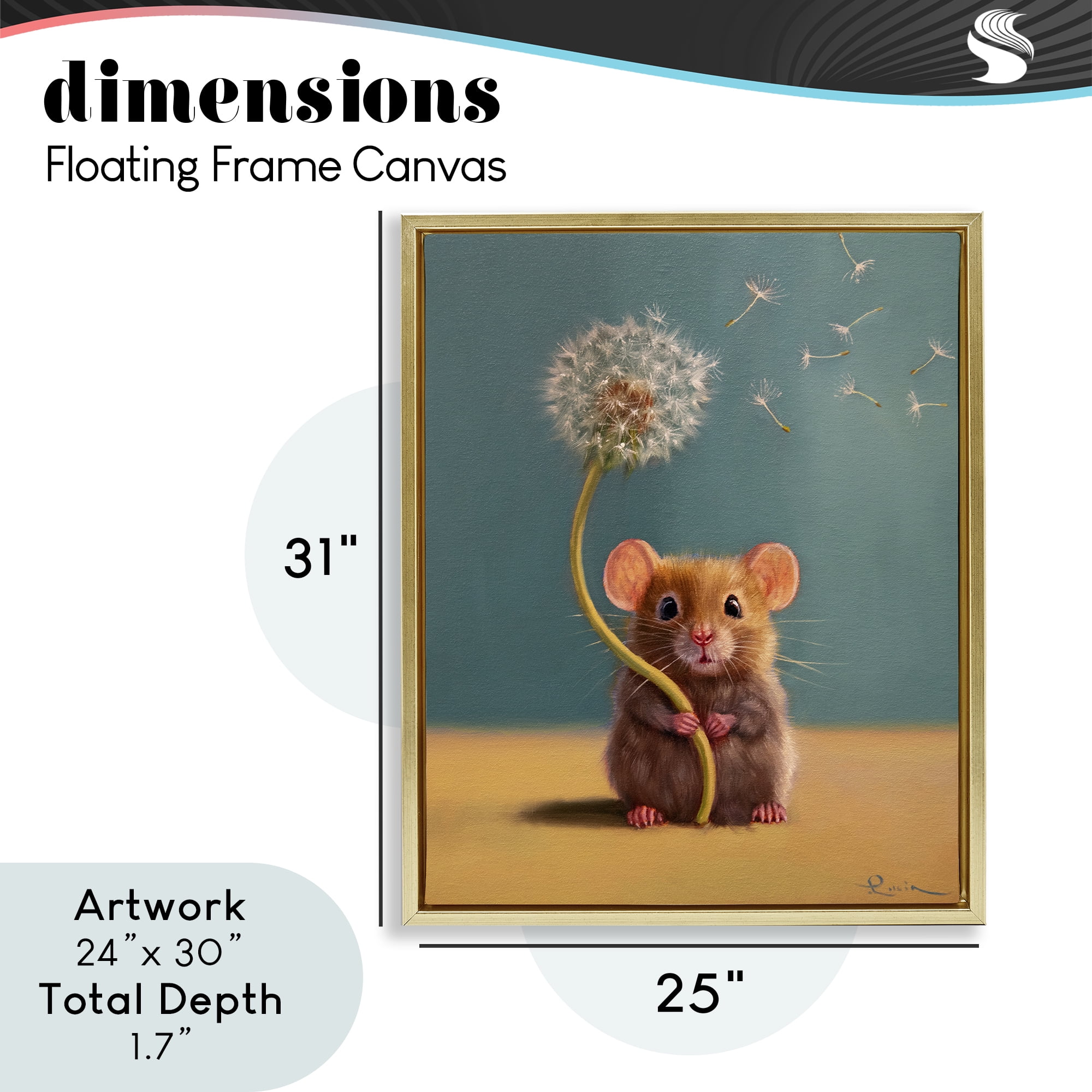Tiny Wishes Mouse & Dandelion Gold Framed Floater Canvas Wall Art, design by Lucia Heffernan