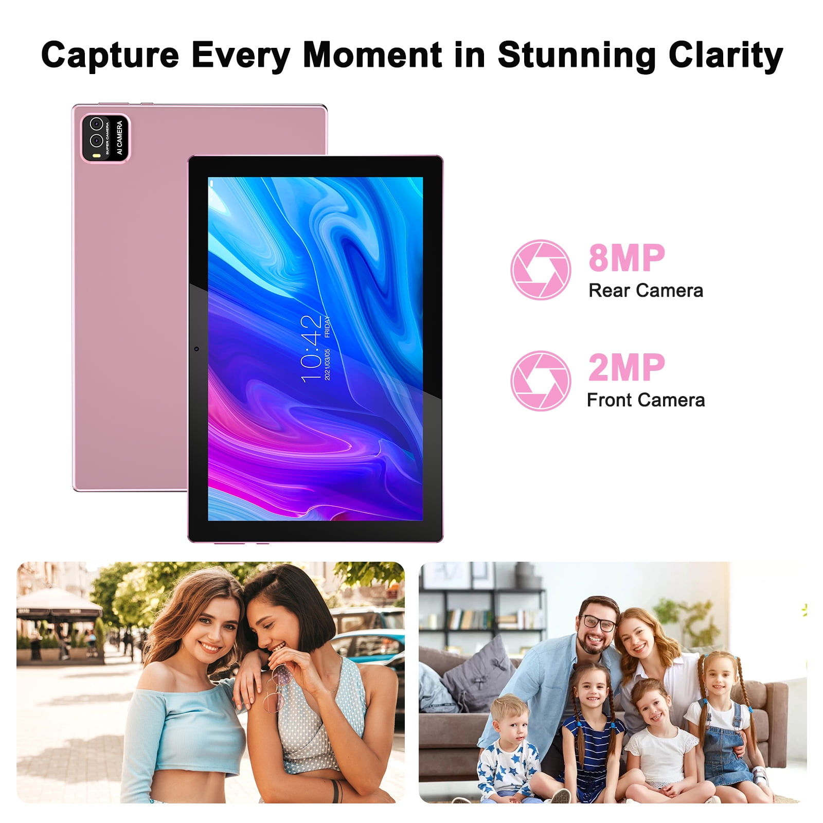 Android 15 Tablet 2 in 1 Tablets 10 Inch Tablet with Keyboard Mouse Case Protective Stylus 10.1" Tab 8GB+64GB Support 1TB Expansion 2MP+8MP Dual Camera 6000mAh Battery Bluetooth WIFI-6, Pink