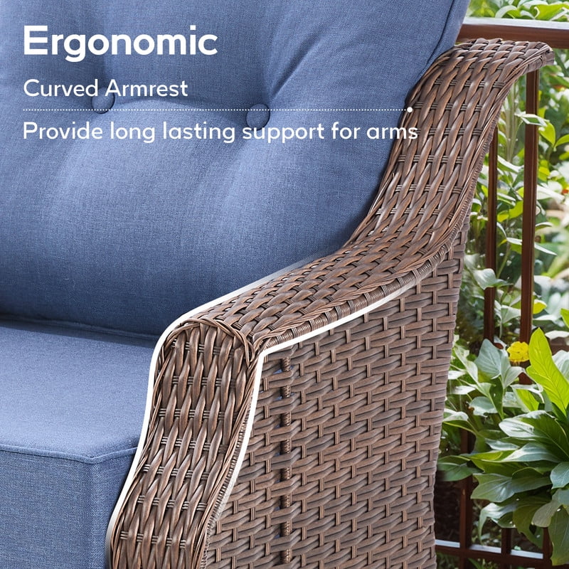 PARKWELL 3-Piece Outdoor Swivel Rocker Chair with Side Table,All-Weather Rattan Swivel Glider Rocking Lounge Chair,Patio Bistro Set for Porch Deck Backyard,Brown/Navy