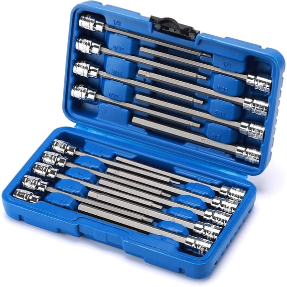 CASOMAN 18 Pieces 3/8" Drive Long Hex Bit Socket Set, SAE (1/8"-3/8") & Metric (3mm-10mm), CR-V & S2 Steel