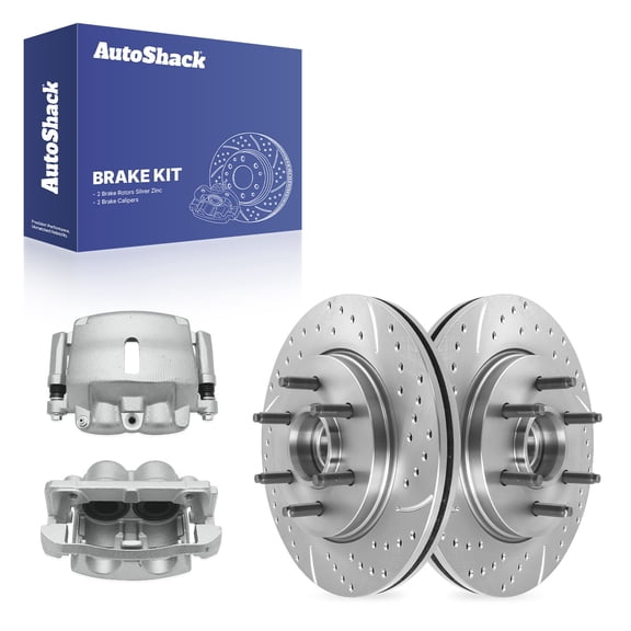 AutoShack Front Vented Drilled & Slotted Silver Zinc Coated Brake Rotors   Calipers 4-PC Brake Kit Replacement for 2005-2008 Ford F-150 2006-2008 Lincoln Mark LT SilverShield Pro 12.98" (329.8 mm)