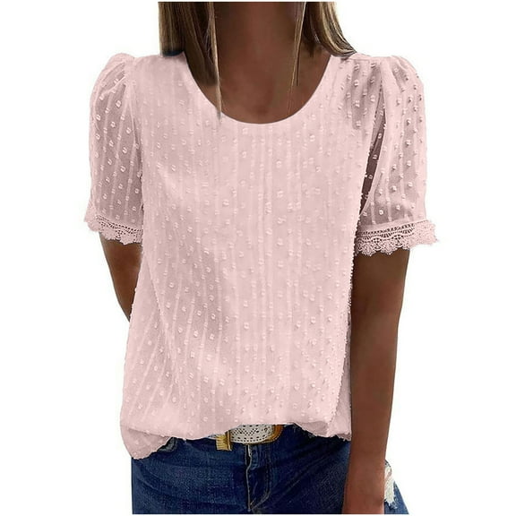 LYXSSBYX Short Sleeve Womens Tops Hot Sale Fashion Woman Rounk Neck Short Sleeve Blouse T-Shirt Lace Solid Loose Tops