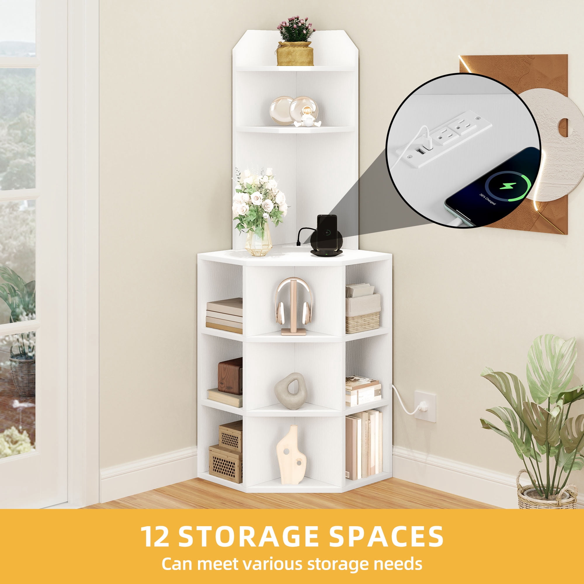 Uforic 5-Tier Corner Shelf with 9 cube,  Wooden Display Bookcases Bookshelf  with USB Ports, White
