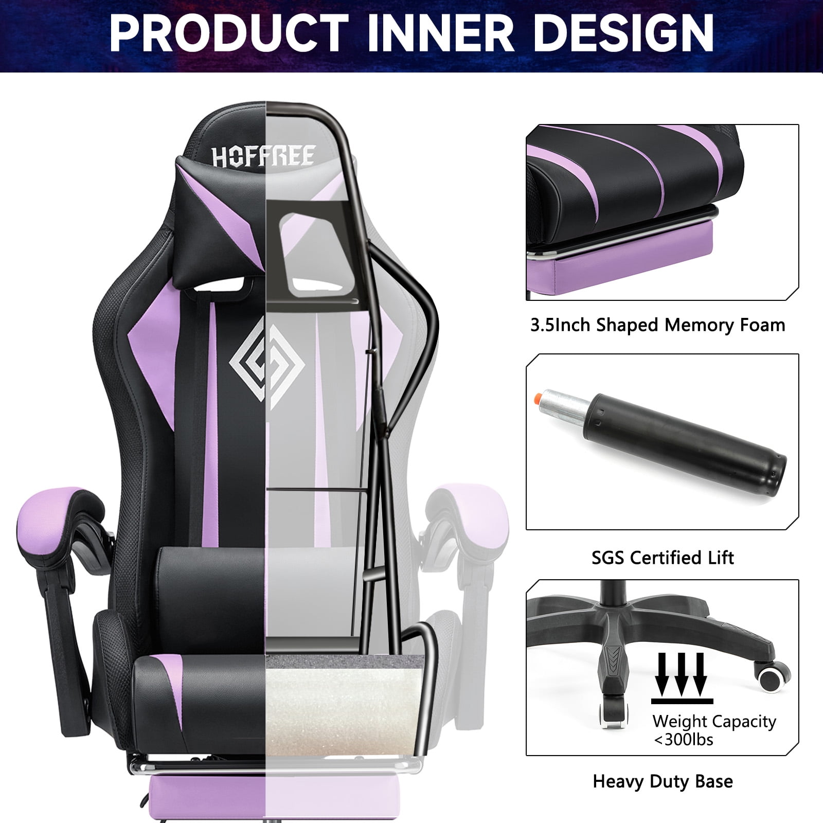 Hoffree Gaming Chair with Massage PU Leather Office Chair with Footrest and LED Light Ergonomic Gamer Chair Lumbar Support Adjustable Headrest High Back Computer Chair for Home Office