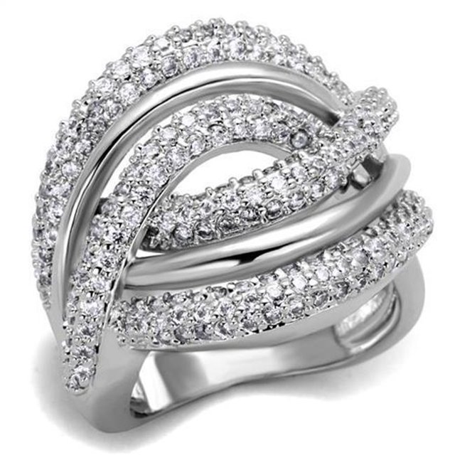 Alamode 3W1081-10 Women Rhodium Brass Ring with AAA Grade CZ in Clear - Size 10