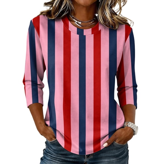 JULMCOMO Shirts for Women Vertical Striped Crew Neck 3/4 Sleeve Casual T Shirts Loose Fit Comfy Trendy Summer Basic Tees Hot Pink 2XL