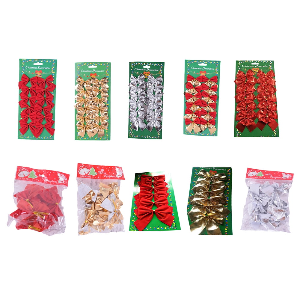 Godderr Christmas Bows Festival Bowknot Christmas Tree Decorations, 24PCS/(2PACK) Gold, Silver + Red Bow Tie Hanging Decor