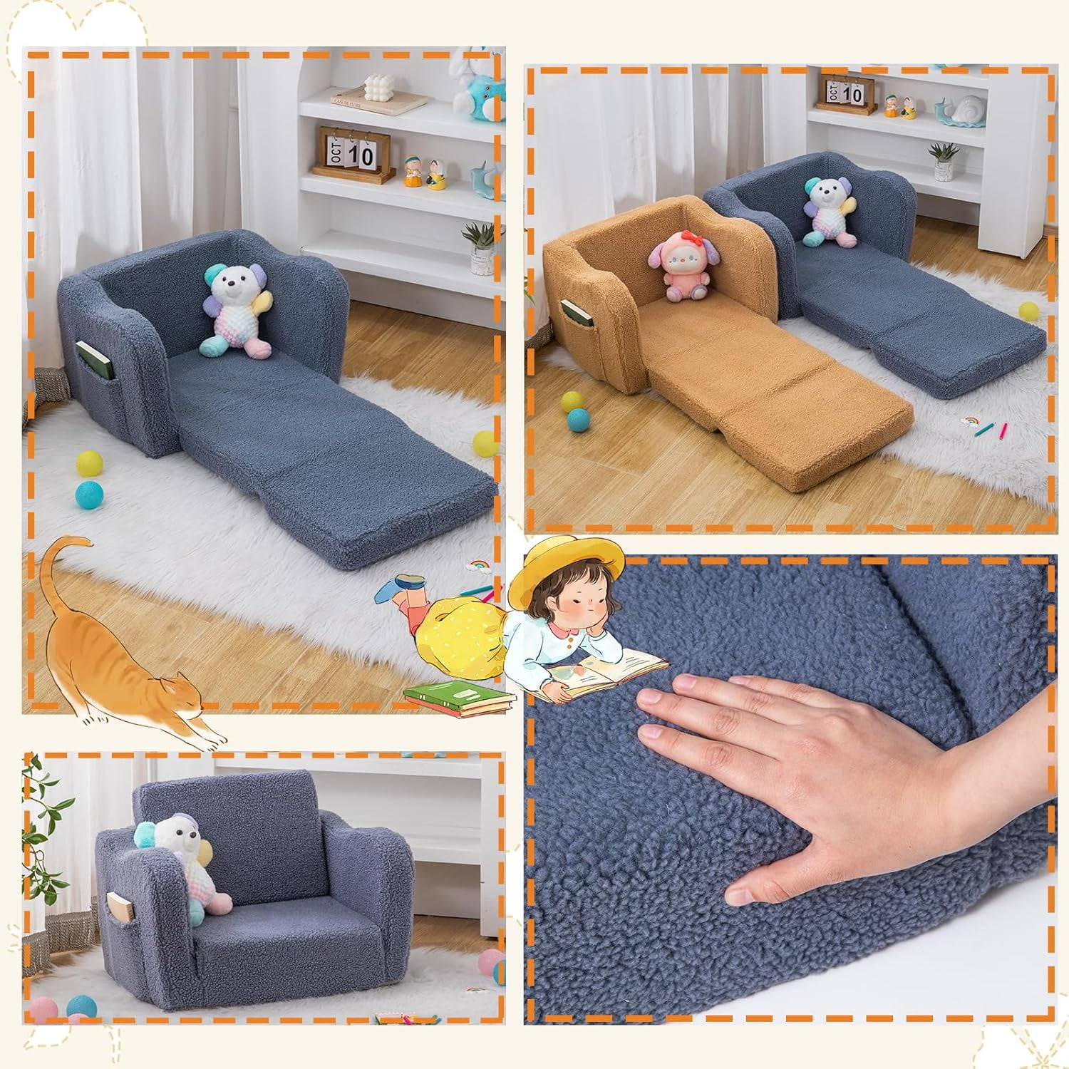 Toddler Baby Chair Couch Sofa Kids Foldable 2-in-1 Sherpa Fold Out Couch Bed Toddler Chairs Comfy for Boys & Girls Convertible Kids Furniture Lounge Chair for Playroom with Double Pockets, Dark Grey