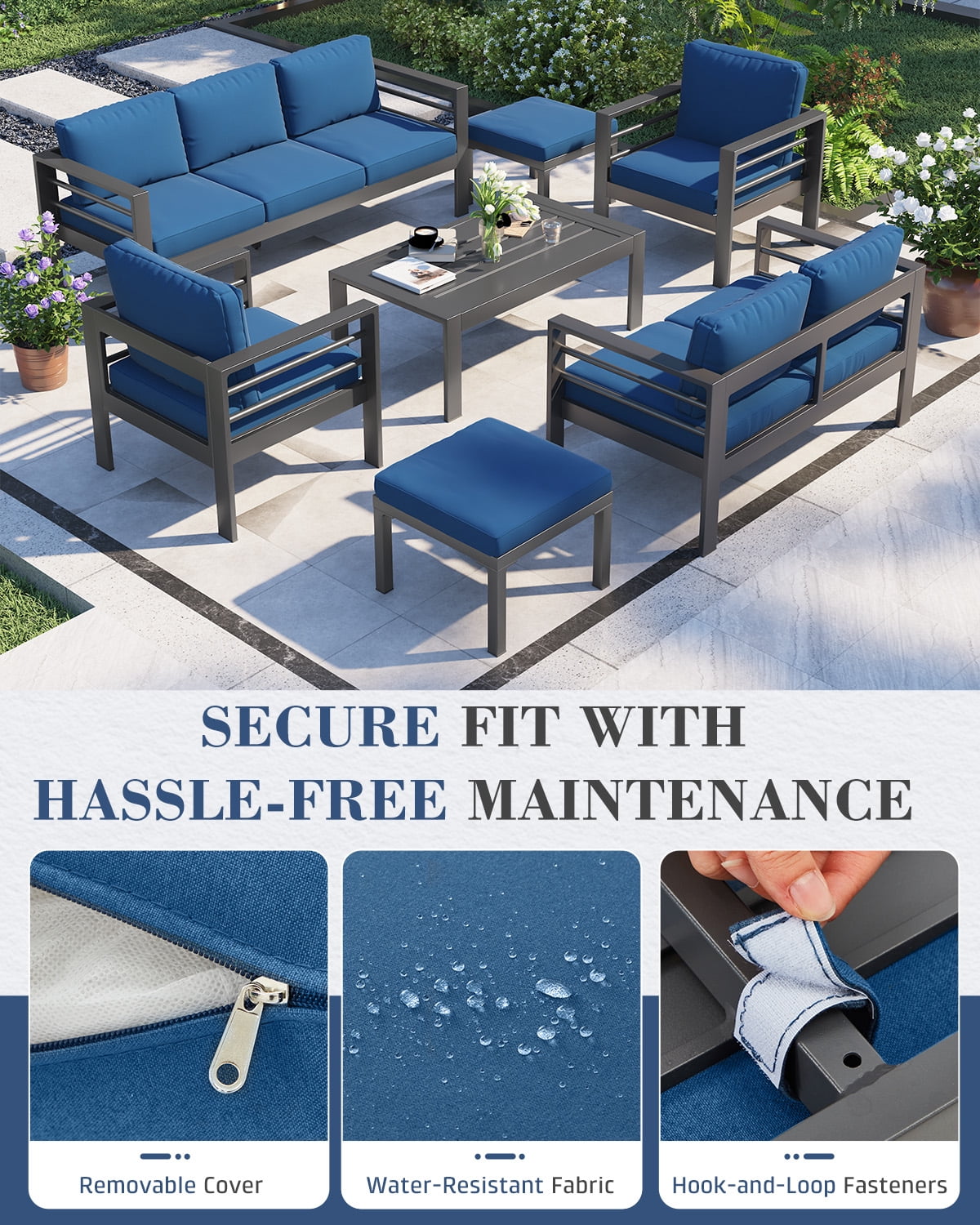 AECOJOY Aluminum Outdoor Furniture Set 7 Pieces Sectional Sofa Patio Conversation Set, Blue