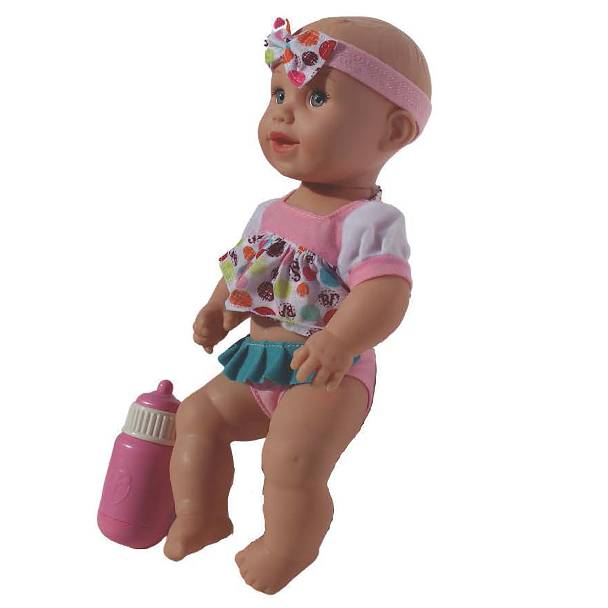 Goldberger Baby's First 13" Soft Body Talking Baby Doll with Bottle Baby White Top. A Realistic and Lightweight Soft Body Baby Doll for children 2 year & Up.