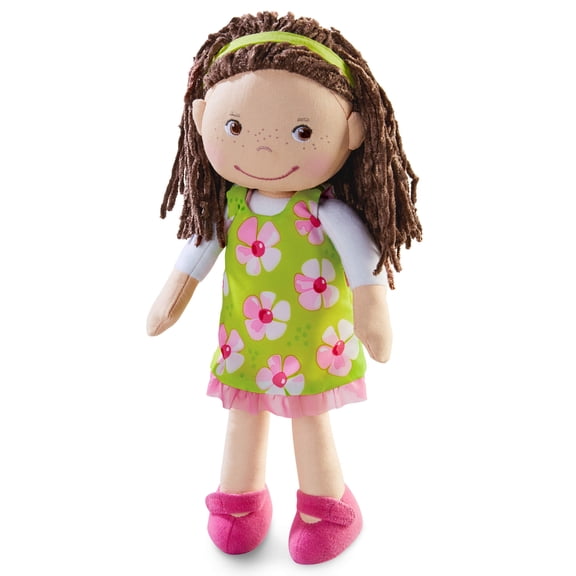 HABA Coco 12" Soft Baby Doll with Brown Hair, Embroidered Face, Removable Green Dress, Matching Headband - Machine Washable Toddler Doll - 18 Months 
