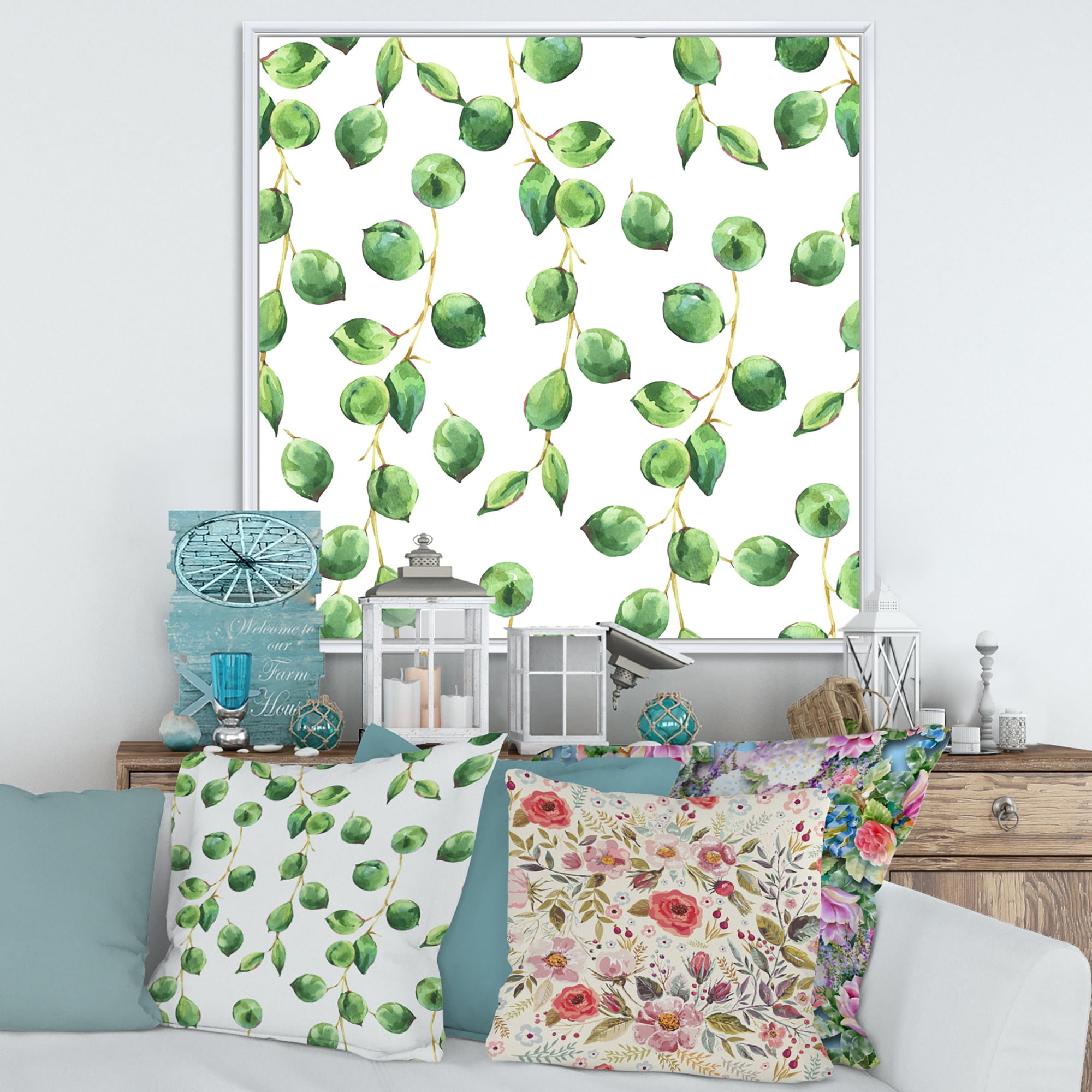 Designart 'Tropical Green Leaves Patern On White' Tropical Framed Canvas Wall Art Print