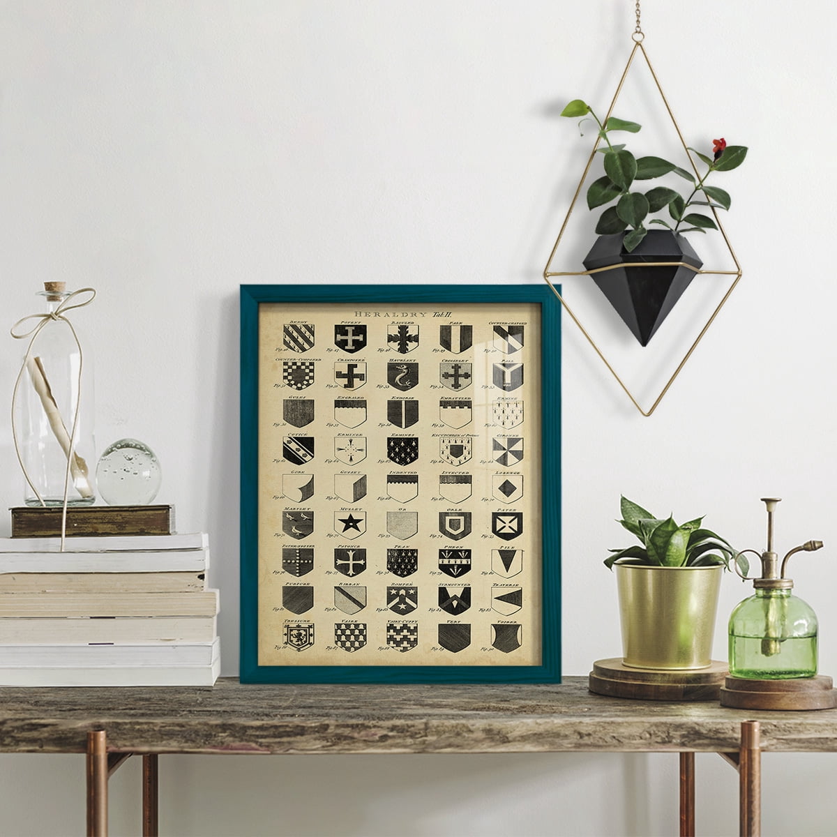 Vintage Heraldry II -Framed Print w/glass-Ocean Blue