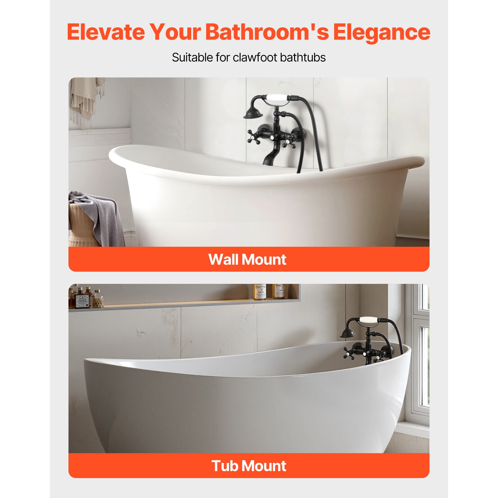 KFFKFF Wall-Mounted Clawfoot Tub Faucet with Handheld Shower, Matte Black Bathtub Filler Kit Featuring Adjustable Swing Arms and 360° Rotating Spout for Classic Bathtubs