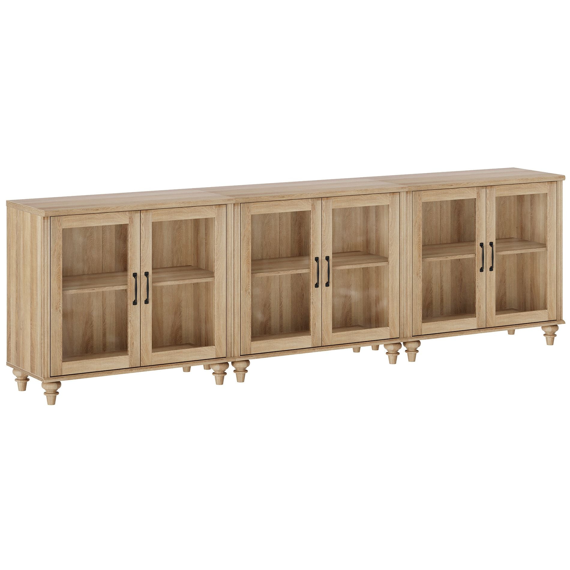 Oak Buffet Cabinet with 6 Glass Doors, Kitchen Storage Cabinets with Adjustable Shelf, 101 inch