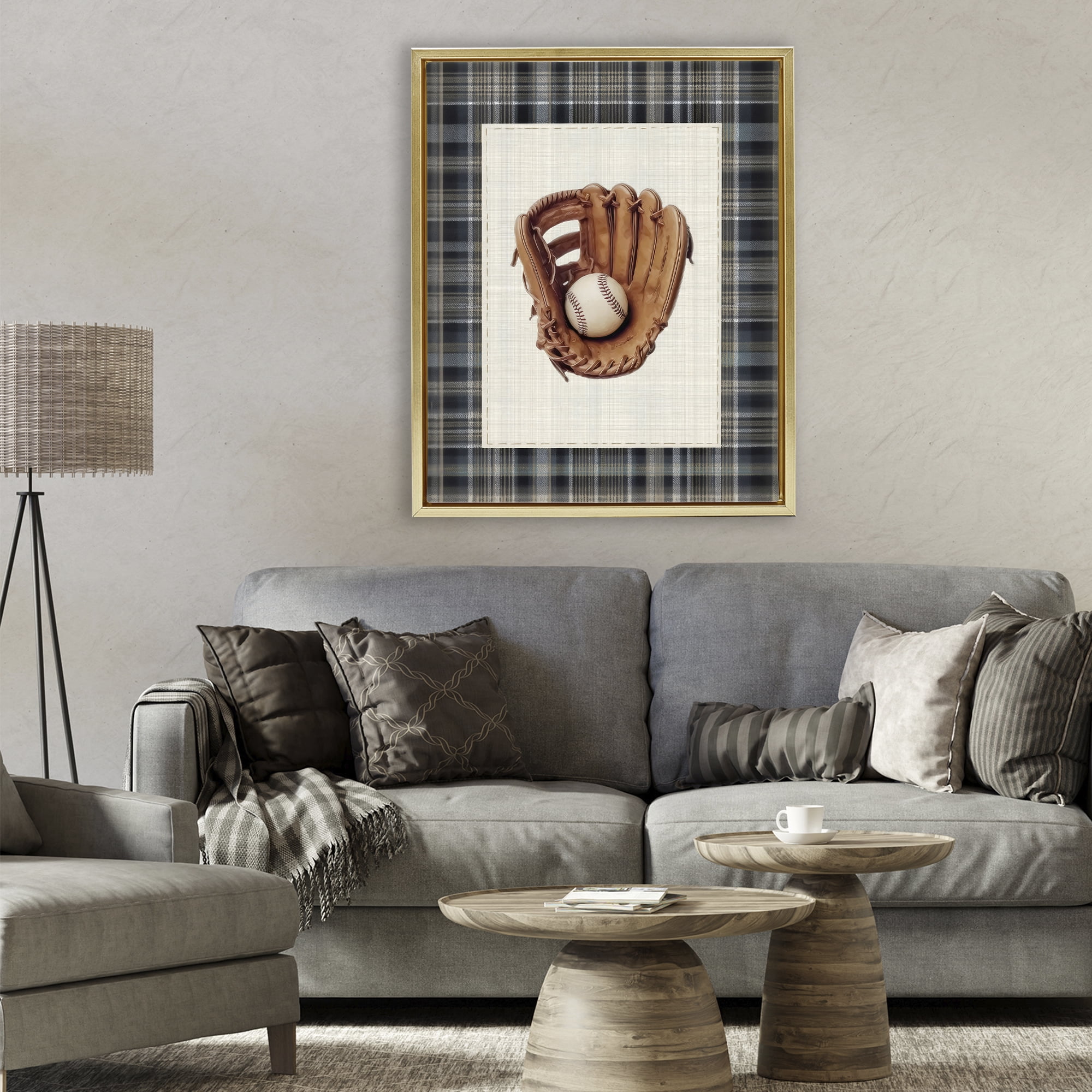 Stupell Industries Baseball Glove with Plaid Gold Framed Floater Canvas Wall Art, design by Arlington Prints