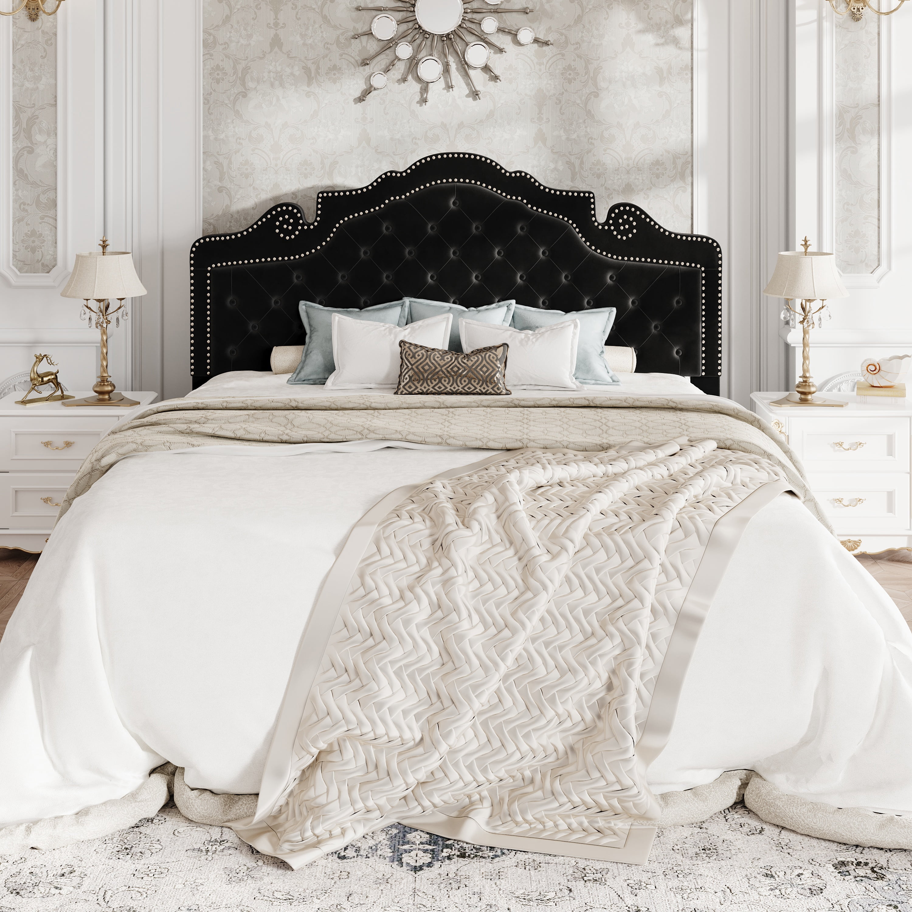 Amolife King Bed Frame with Adjustable Crown-Shaped Headboard, Upholstered Platform Bed, No Box Spring Required, Black
