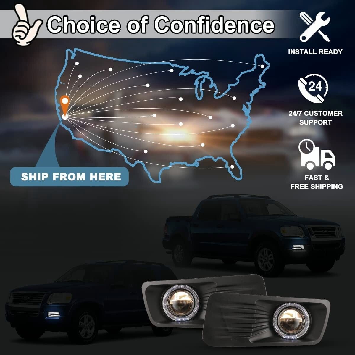 Fog Light Set for 2006-2010 Ford Explorer & 2007-2010 Ford Explorer Sport Trac w/Bulbs,Fog Light Assembly,Fog Lamp Replacement Clear Lens w/o Ironman & Sport Pkg,Eddie Bauer,Limited