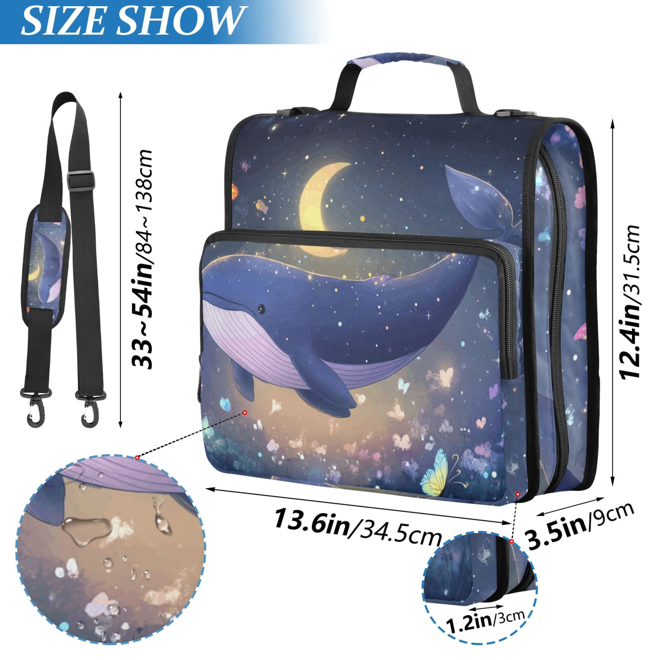 3 Ring Zipper Binder with Shoulder Strap Waterproof Trapper Keeper 2 Inch D-Ring 500 Sheets Capacity Cute Whale Floating in Nigh