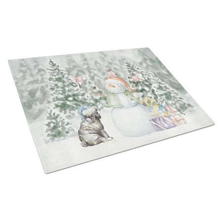 

Pug Puppy Black with Christmas Presents Glass Cutting Board Large 12 in x 15 in