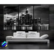 Original by BoxColors Large 30"x 60" 3 Panels 30"x20" Ea Art Canvas Print Beautiful Detroit Skyline Black & White Wall Home (Included Framed 1.5" Depth)