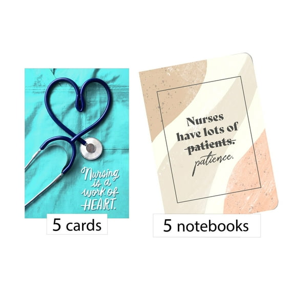 Hallmark Business Bulk Nurse Appreciation Notebook & Card Gift Bundles (Heart & Patience), 5 sets / 10 items