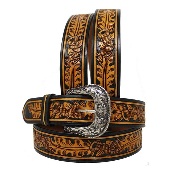 33-34  Men's Western Rodeo Fashion Tooled T-wo-Tone Floral Leather Belt 26FK01A