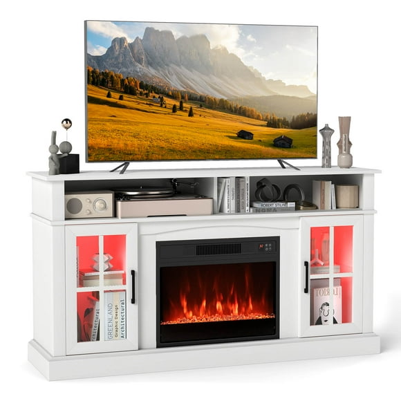 Costway Meuble Télé de 58 Po avec Foyer et Éclairage DEL, Centre de Divertissement pour Téléviseur de 65 Po, Blanc