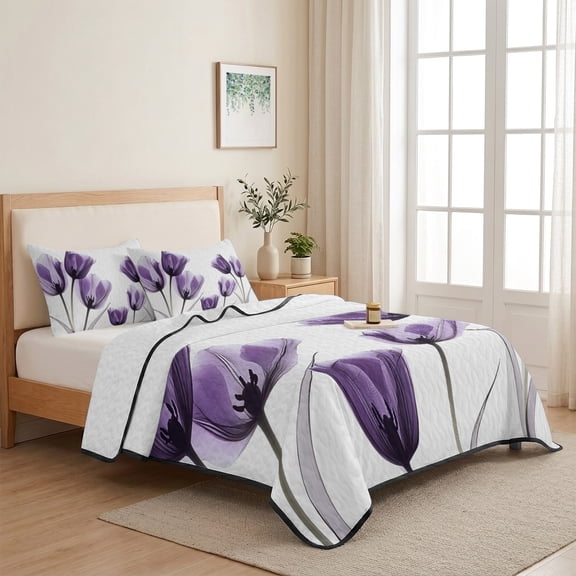 Purple Tulip Queen Size Quilt Set Lightweight Bedspread Coverlet Set, Minimalist Modern Flowers Art Quilted Bedding Cover with 2 Pillow Shams for All Season Layering 90"x96"