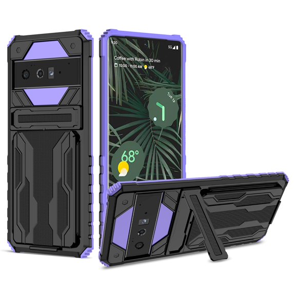 SaniMore for Google Pixel 6 Pro Camera Protection Case, Rugged PC Back & TPU Bumpers Cover with Invisible Sliding Card Slot & Kickstand Upgraded Military Shockproof Protective Shell, Purple