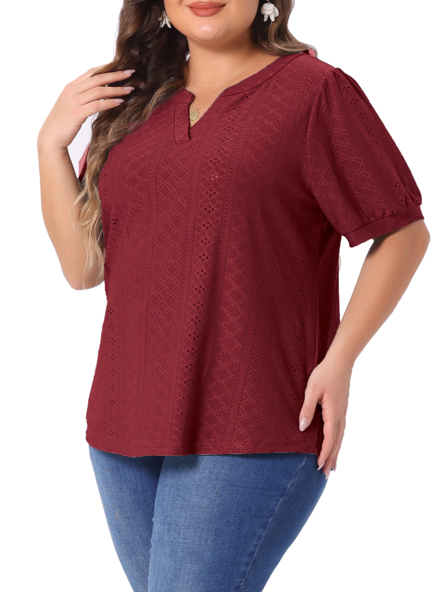 DARING DIVA Women's Plus Tops Hollow Casual V Neck  Summer Blouse Shirts 4X Burgundy