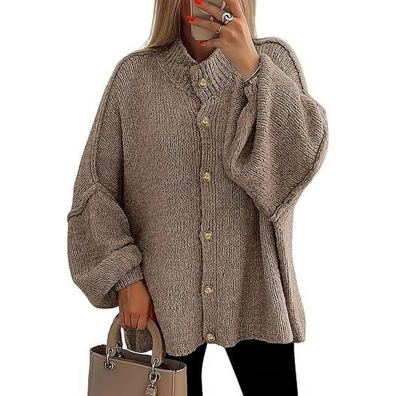 PRETTYGARDEN Women's Winter Button Down Cardigan Sweaters Mock Neck Lantern Long Sleeve Chunky Knit Jacket Trendy Outerwear