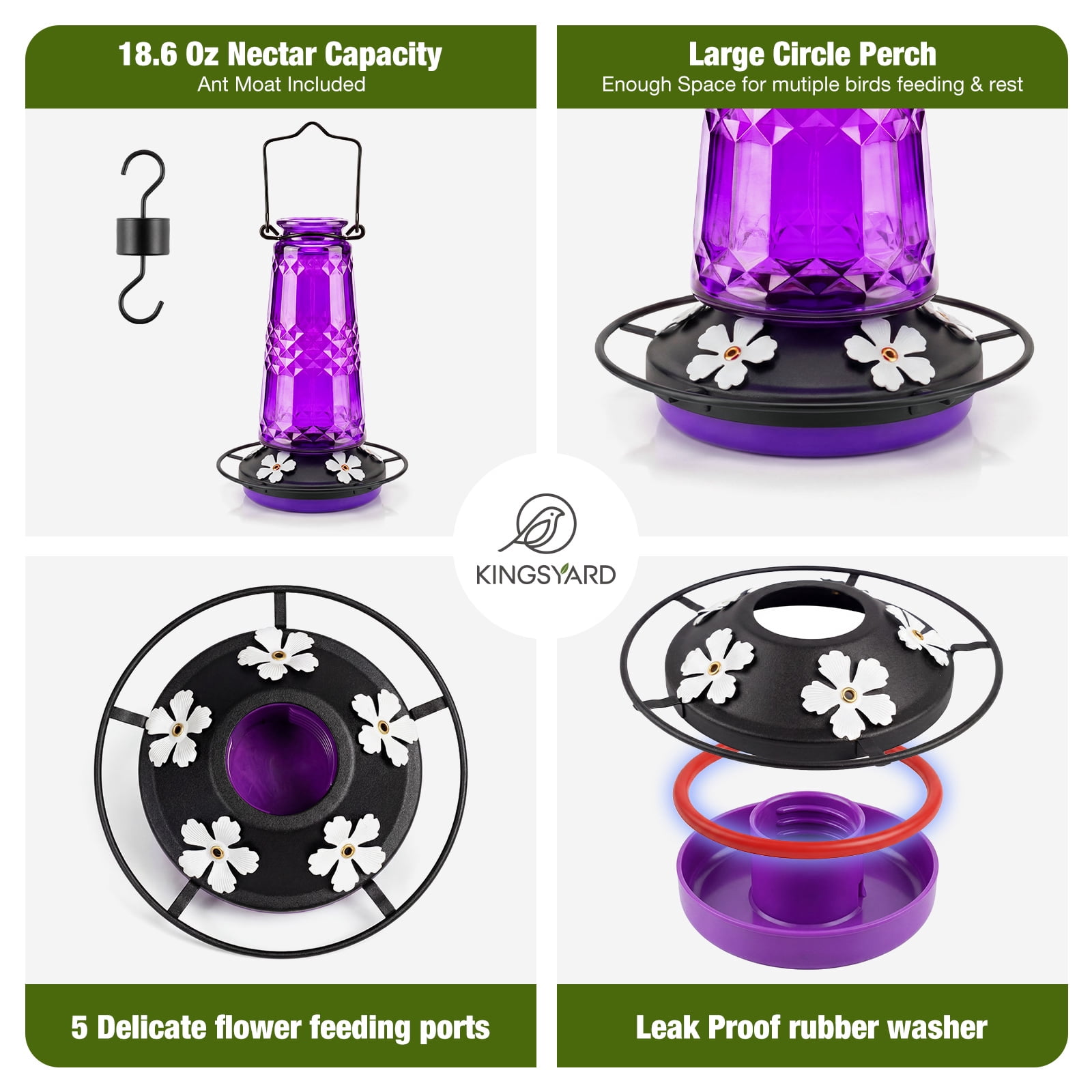 Kingsyard 18.6 oz Purple Glass Hummingbird Feeder, 5 White Ports, Ant Moat Included