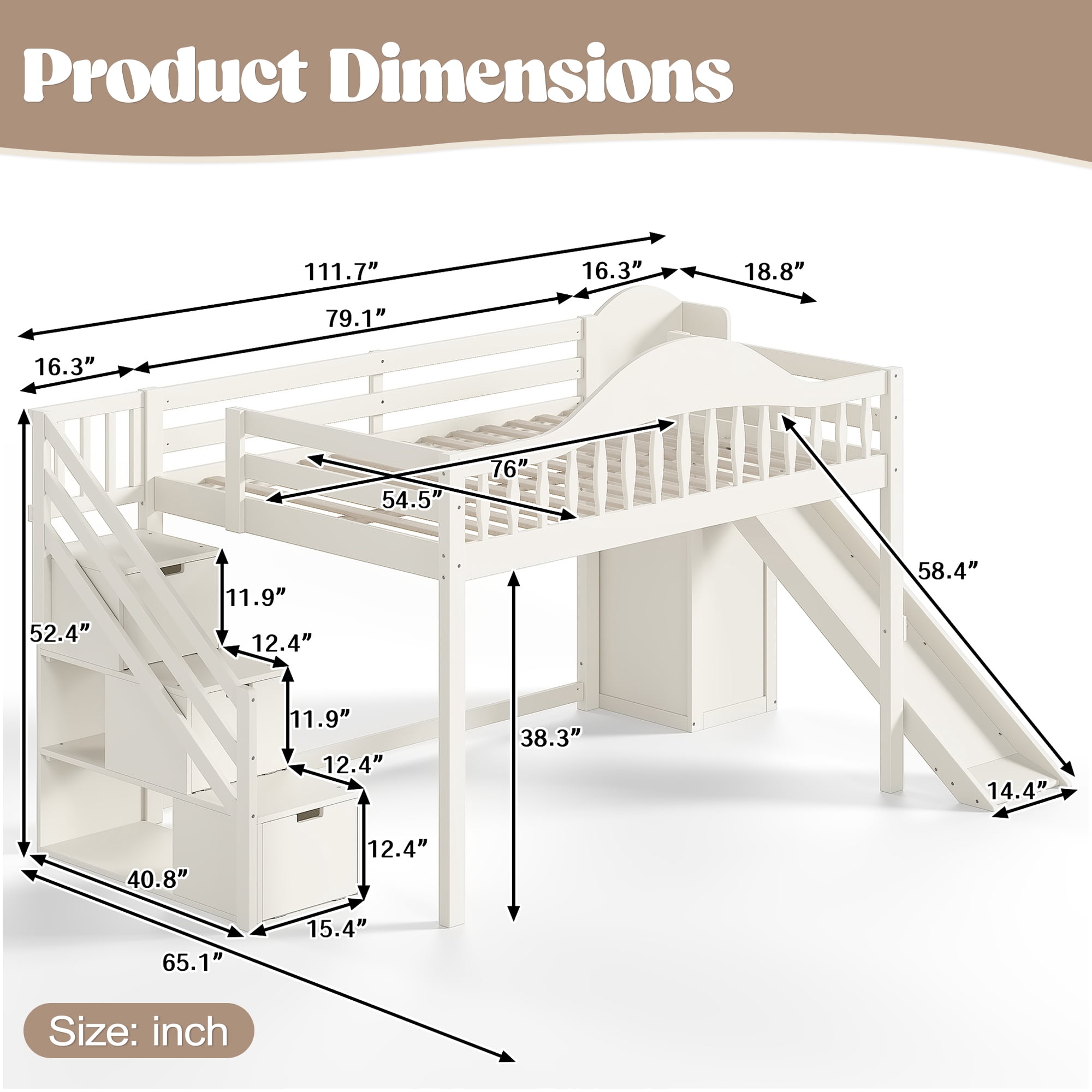 Leumius Full Loft Bed with Storage Stairs, Slide & Built-in Wardrobe, Stylish High Guardrail, Wood Loft Bed Frame for Bedroom,Dorms,Guests Beige