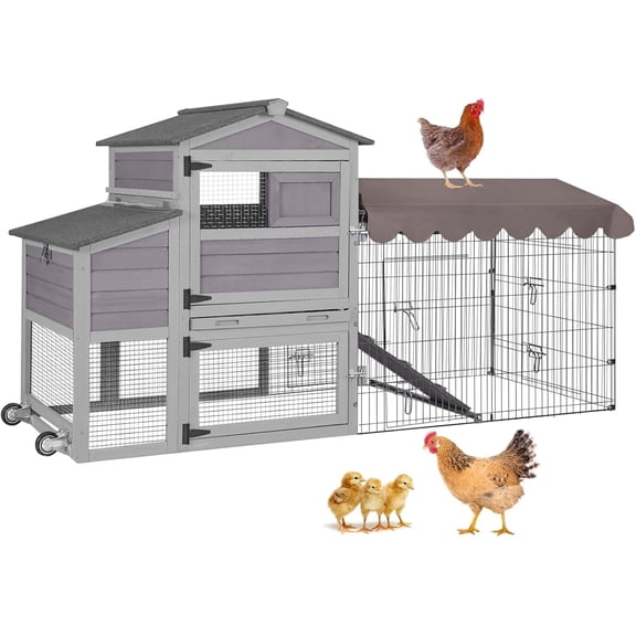 Aivituvin 82" Chicken Coop Mobile with Metal Chicken Run and Waterproof Tarp Roof Outdoor Hen House Chicken Tractor On Wheels