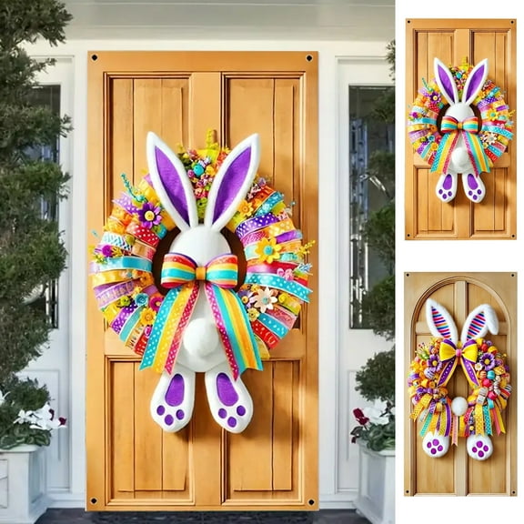 Colorful Easter Bunny Wreath Door Cover Festive Adorable Home Decoration