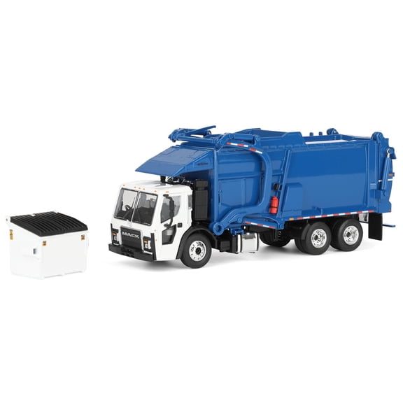 First Gear DCP 1/64 White & Blue Mack LR w/ McNeilus Meridian FEL Refuse Body & Refuse Bin 60-1797