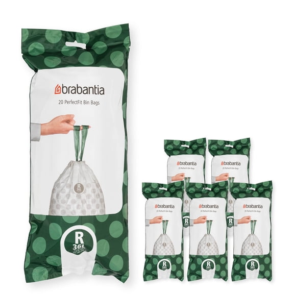 Brabantia PerfectFit Trash Bags with Drawstring Handles, Code R, 9.5 Gallon (36L), 120 Count
