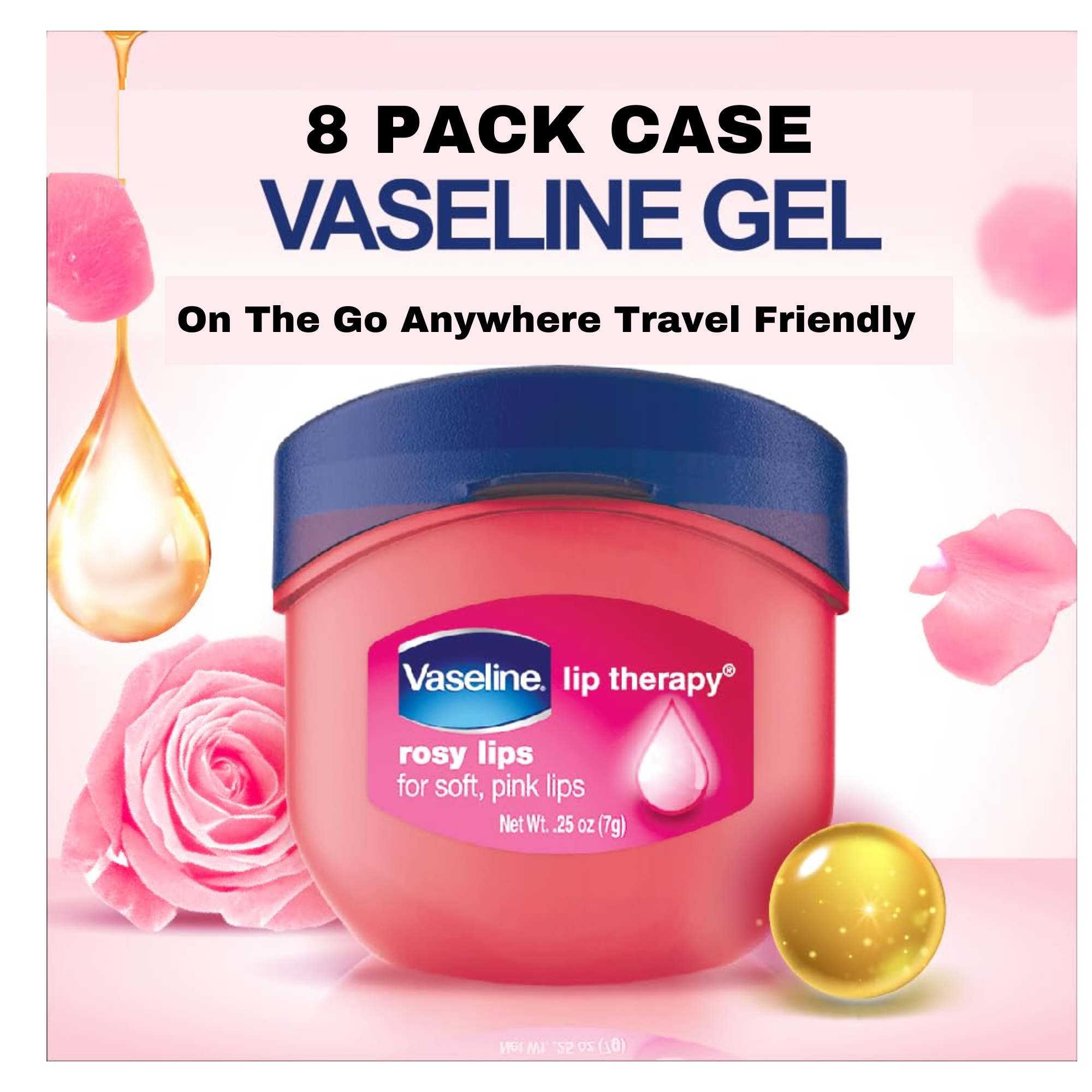 Vaseline Lip Therapy Rosy Lips On The Go Anywhere Travel Friendly 0.25 Oz. Pack Of 8 CASE