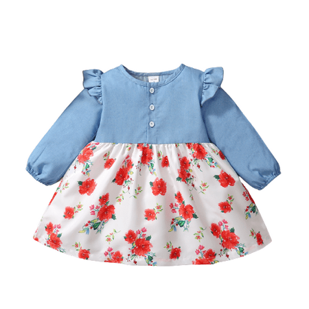 

Kucnuzki 12 Months Infant Baby Girl Winter Dress Causal Dress 18 Months Infant Girl Long Sleeve Solid Color Upper Floral Prints Ruffled Layer Casual Dress Blue